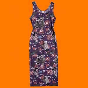 90's vintage asian oriental geisha print sleeveless bodycon maxi dress LARGE